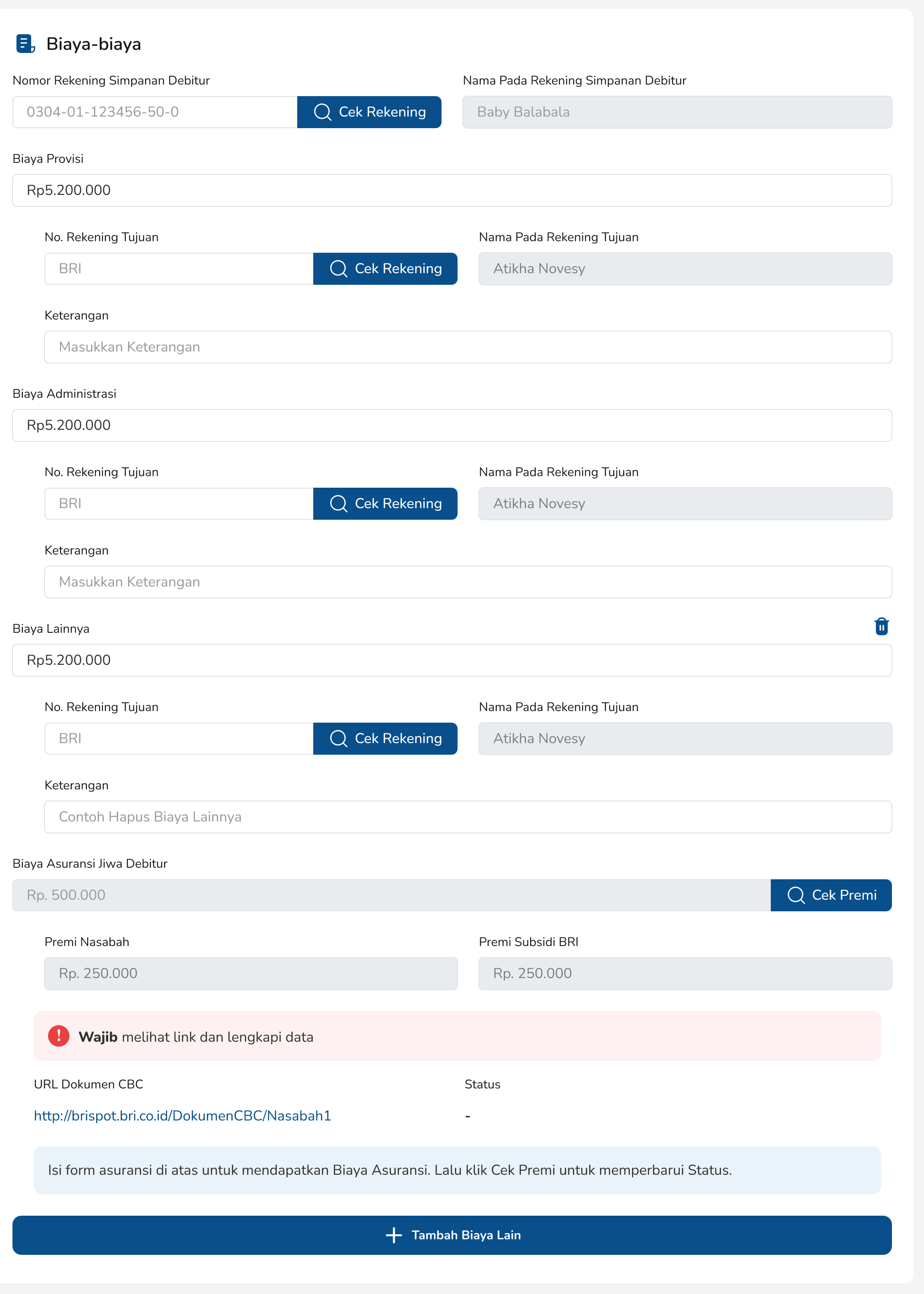 Old Biaya-biaya screen on desktop: every fee field open and editable at once, stacked into one long scroll with no clear finish line