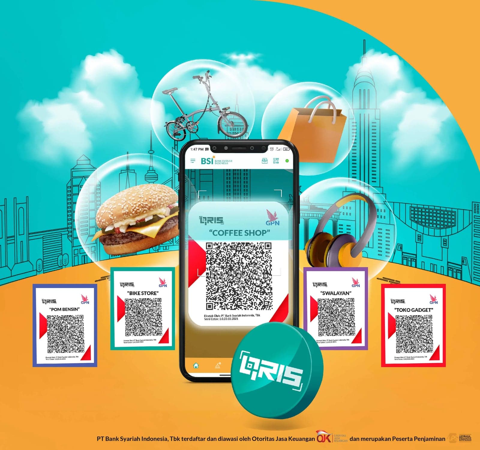 BSI Mobile open on its QRIS scanner, surrounded by merchant QRIS codes for a coffee shop, bike store, petrol station, minimarket and gadget store